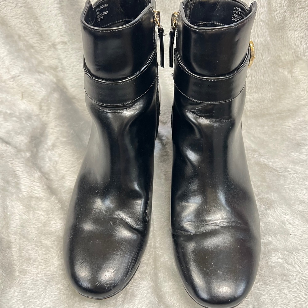 J Crew Black Leather Ankle Boots Buckle Side‎ Zip Block Heel Women Size 7.5